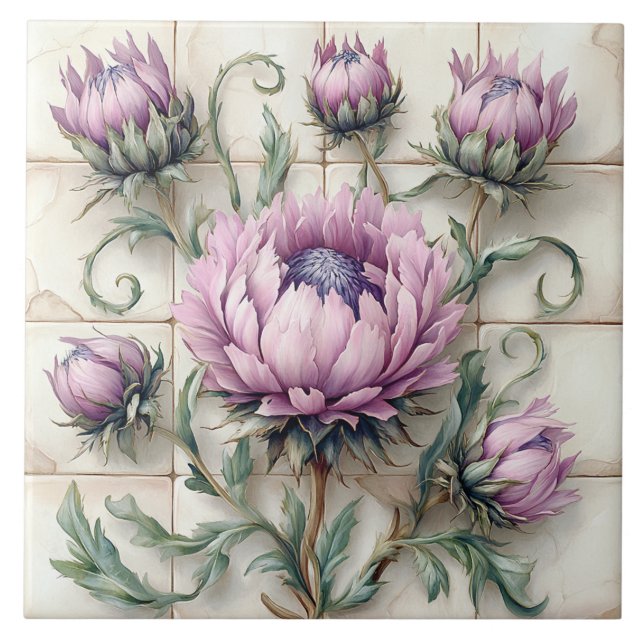 Pink Thistle Flowers Ceramic Tile (Front)
