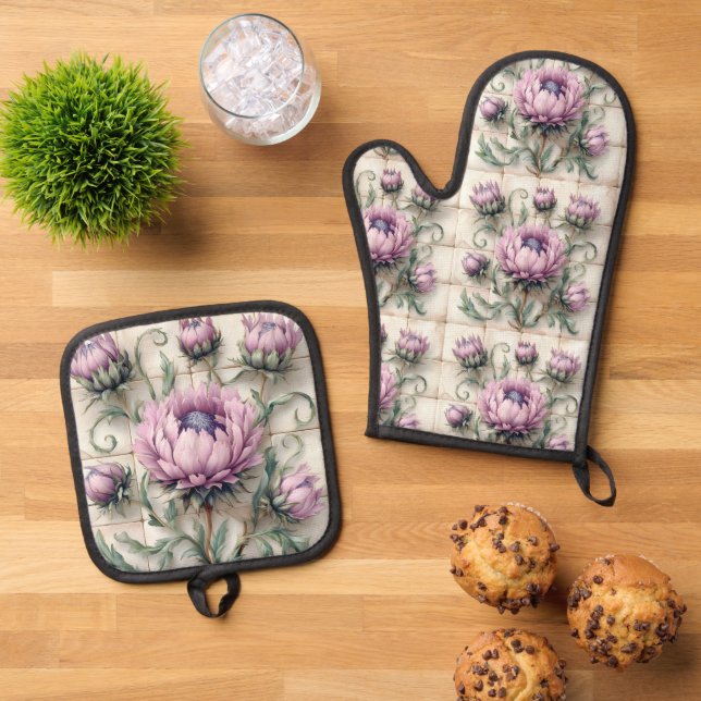 Pink Thistle Flowers Ceramic Tile Oven Mitt & Pot Holder Set (Top Down)