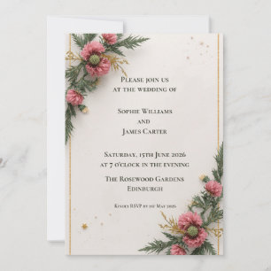 Pink Thistle Pine Wedding Invitation   Botanical