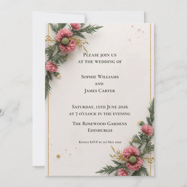 Pink Thistle Pine Wedding Invitation | Botanical (Front)