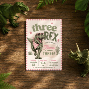 Pink Three Rex Dinosaur 3rd Birthday Invitation