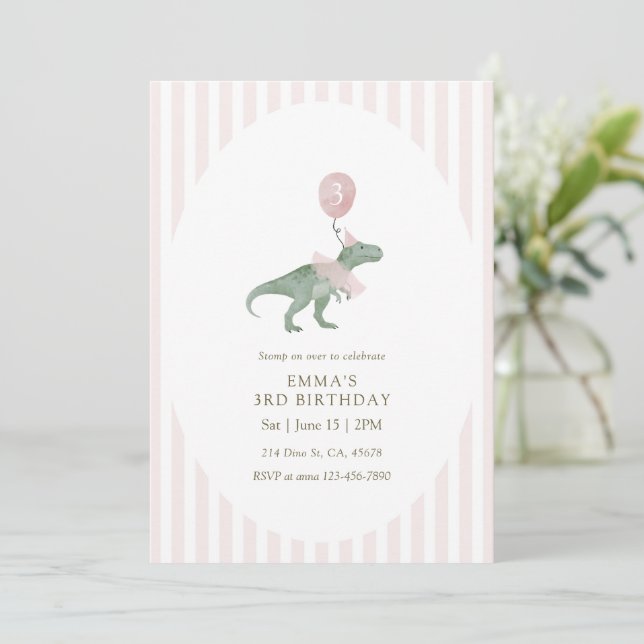 Pink Three Rex Dinosaur balloon Third Birthday Invitation (Standing Front)