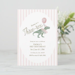 Pink Three Rex Dinosaur Third Birthday Invitation