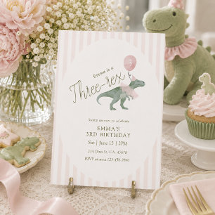 Pink Three Rex Dinosaur Third Birthday Invitation