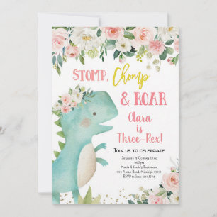 Pink Three-Rex Girl Dinosaur Birthday Invitation