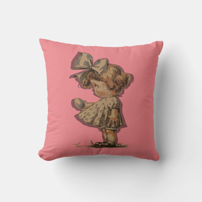 Pink Throw Pillow with little girl & bow. (Front)
