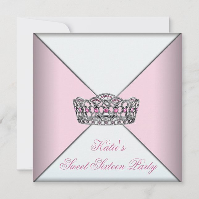 Pink Tiara Classy White Sweet Sixteen Party Invitation (Front)