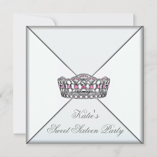Pink Tiara Classy White Sweet Sixteen Party Invitation (Front)