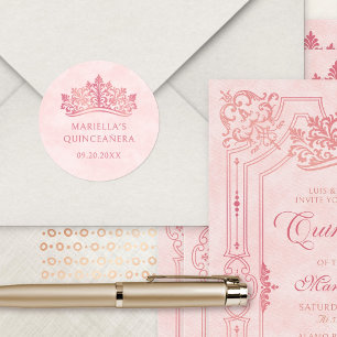 Pink Tiara Crown Elegant Quinceanera Classic Round Sticker