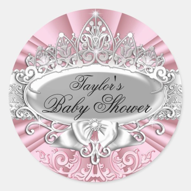 Pink Tiara & Damask Baby Shower Sticker (Front)