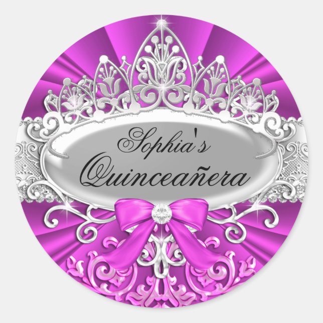 Pink Tiara & Damask Quinceanera Sticker (Front)