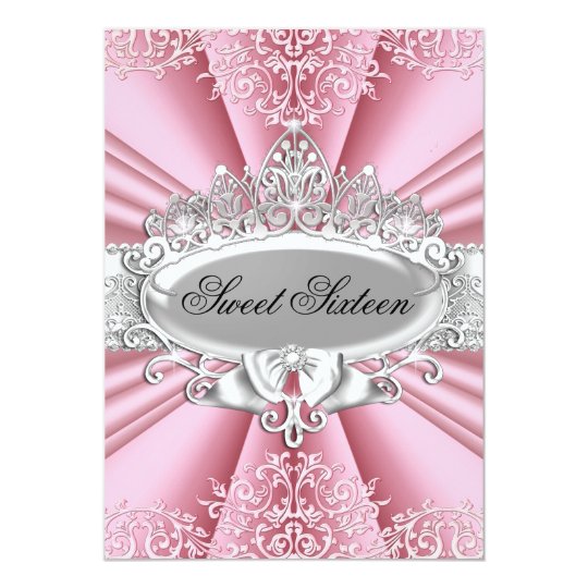 Pink Tiara & Damask Sweet 16 Birthday Party Card