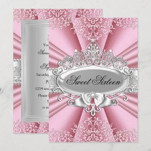 Pink Tiara Damask Sweet 16 Birthday Party Invitation