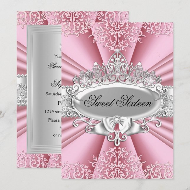 Pink Tiara Damask Sweet 16 Birthday Party Invitation (Front/Back)