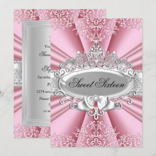 Pink Tiara Damask Sweet 16 Birthday Party Invitation