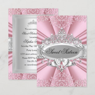 Pink Tiara Damask Sweet Sixteen Party Invitation
