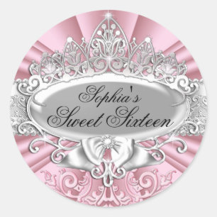 Pink Tiara & Damask Sweet Sixteen Sticker