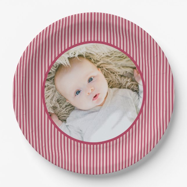 Pink Ticking Stripes Photo  Paper Plate (Front)