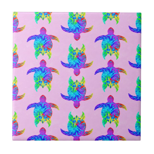 Pink Tie Dye Island Tribal Turtles Tile (Front)
