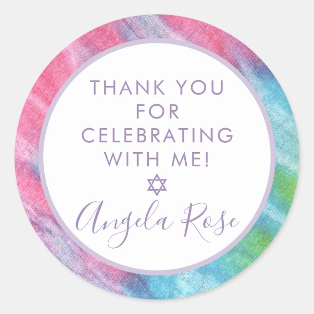 Pink Tie Dye Mitzvah Star Custom Thank You Favour Classic Round Sticker (Front)