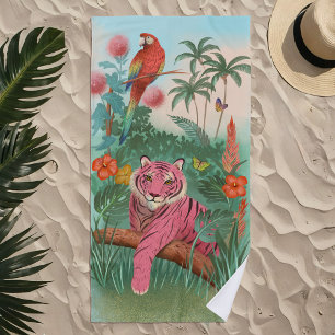 Pink Tiger and Parrot Tropical Jungle Beach Towel