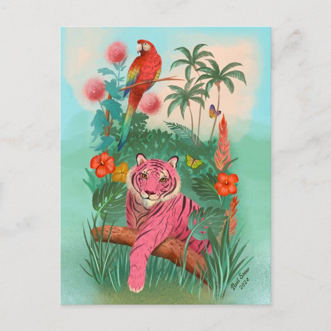 Pink Tiger and Parrot Tropical Jungle Blank Postcard (Front)