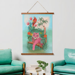 Pink Tiger and Parrot Tropical Jungle Hanging Tapestry
