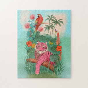 Pink Tiger and Parrot Tropical Jungle Jigsaw Puzzle