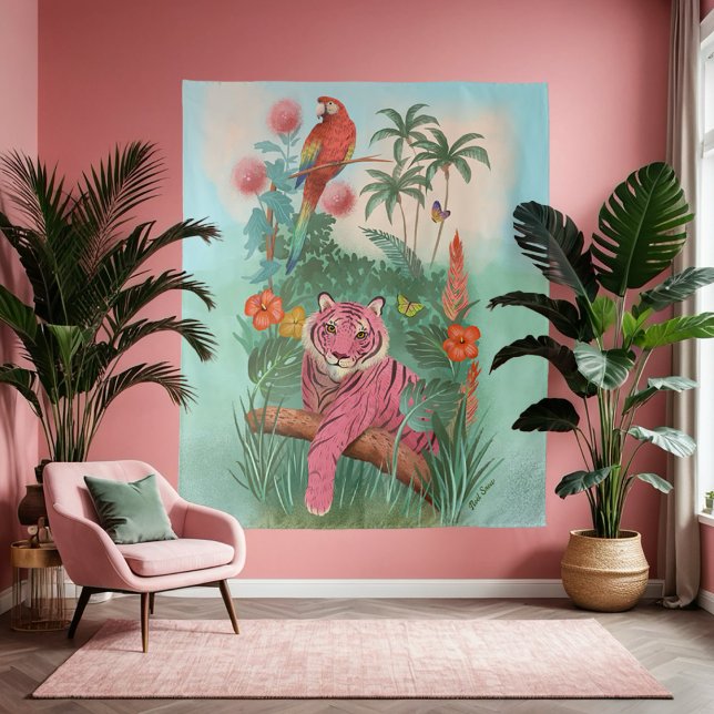 Pink Tiger and Parrot Tropical Jungle Large Tapestry (Creator Uploaded)