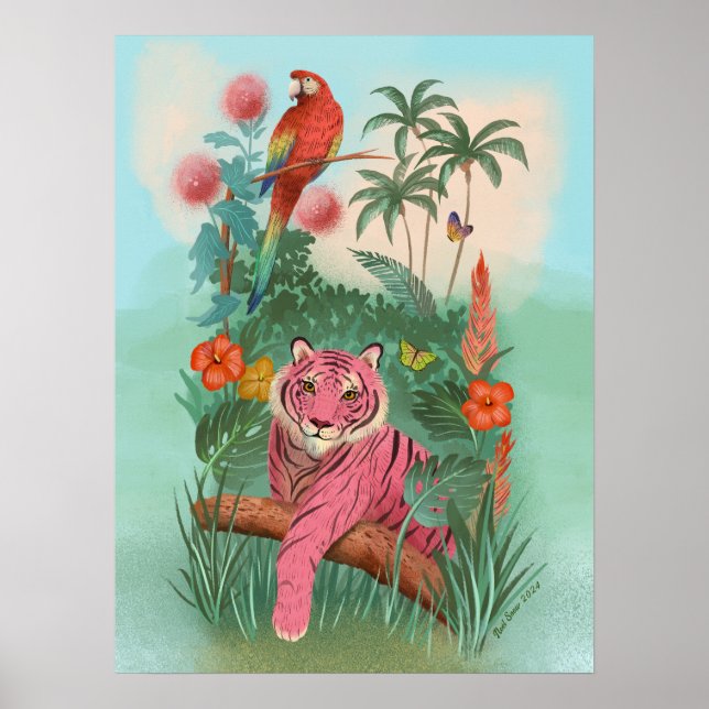 Pink Tiger and Parrot Tropical Jungle Poster (Front)