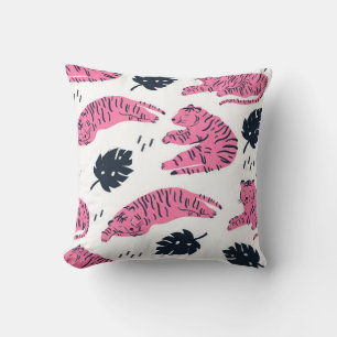 Pink tiger lies in various positions. Tropical lea Cushion