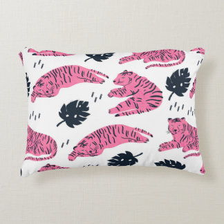 Pink tiger lies in various positions. Tropical lea Decorative Cushion