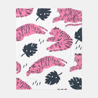 Pink tiger lies in various positions. Tropical lea Fleece Blanket