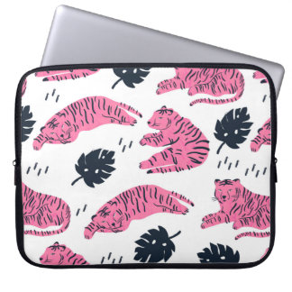 Pink tiger lies in various positions. Tropical lea Laptop Sleeve