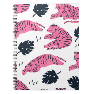 Pink tiger lies in various positions. Tropical lea Notebook