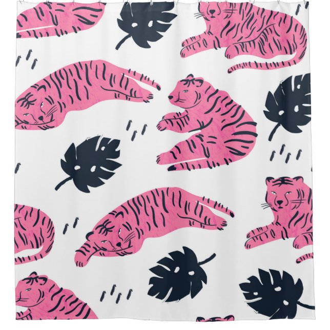 Pink tiger lies in various positions. Tropical lea Shower Curtain (Front)