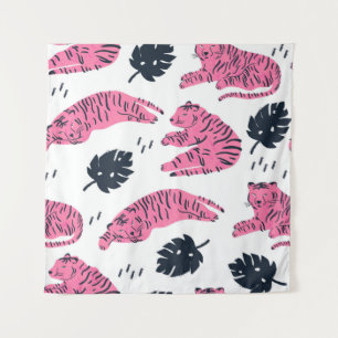Pink tiger lies in various positions. Tropical lea Tapestry