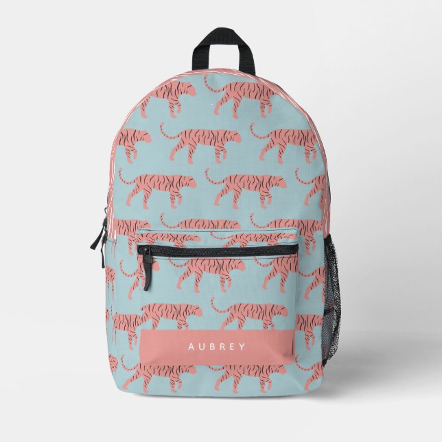 Pink Tiger Pattern Sky Blue Printed Backpack (Front)