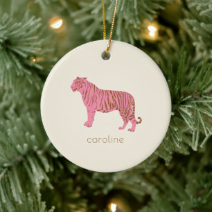 Pink Tiger Personalised Name Preppy Christmas Ceramic Tree Decoration