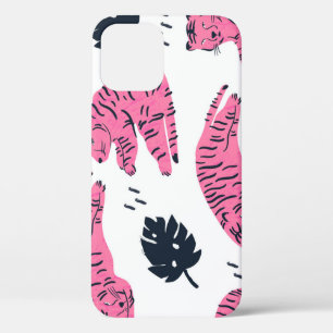 Pink Tiger Tropical: Vintage Hand-Drawn. iPhone 12 Case