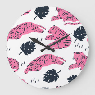 Pink Tiger Tropical: Vintage Hand-Drawn. Large Clock
