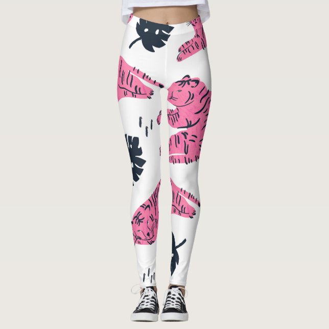 Pink Tiger Tropical: Vintage Hand-Drawn. Leggings (Front)