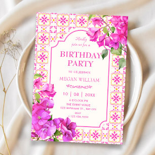 Pink tile floral birthday invitation