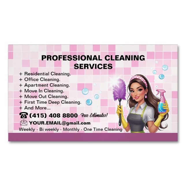 Pink tile Janitorial House Cleaning Service Magnetic Business Card (Front)