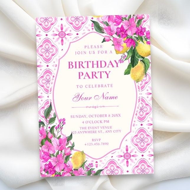Pink tile pattern floral art birthday invitation (Creator Uploaded)