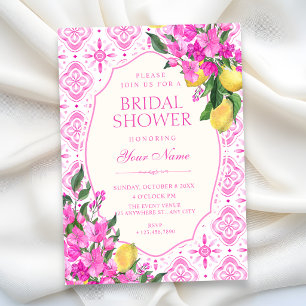Pink tile pattern floral art bridal shower invitation