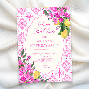 Pink tile pattern floral art save the date