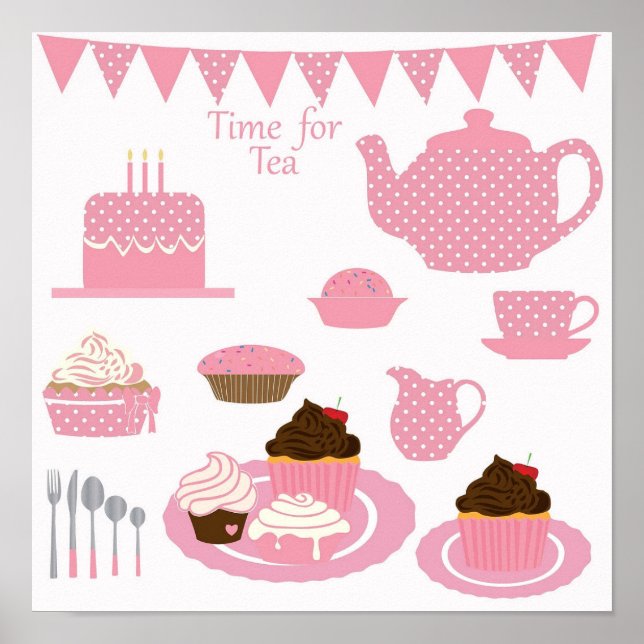 Pink Time for Tea Birthday Poster (Front)