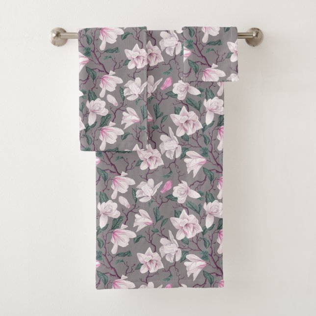 Pink Tinged Magnolias on Taupe Bath Towel Set (Insitu)