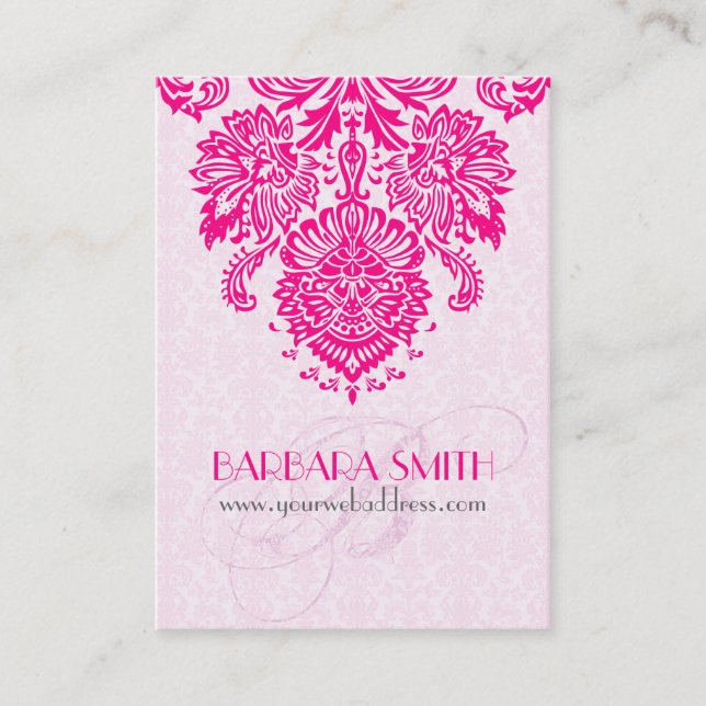 Pink Tint Damasks Hot Pink Floral Ornament Business Card (Front)